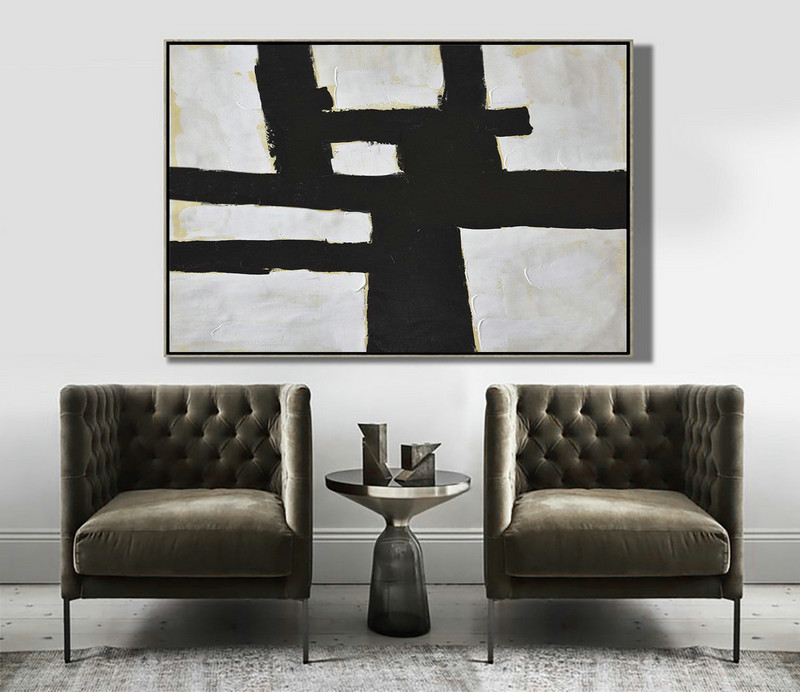 Large Contemporary Art Canvas Painting,Horizontal Palette Knife Minimal Canvas Art Painting Black White Beige - Abstract Paintings On Sale